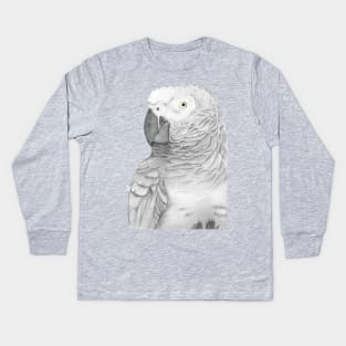 Grey parrot congo african bird watercolor portrait painting timneh Kids Long Sleeve T-Shirt